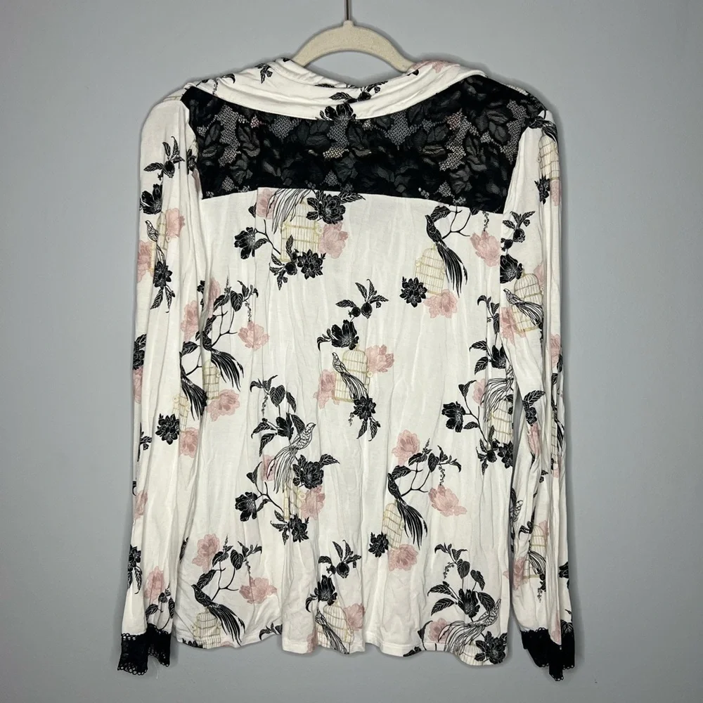 Soma Signature Lace Long Sleeve Notch Collar Pajama Top Majestic Birds Medium - Picture 8 of 8